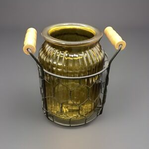 Vtg Amber Glass Vase & Caddy W/‎ Handles-Kitchen & Home Decor-6.5" Tall Decor